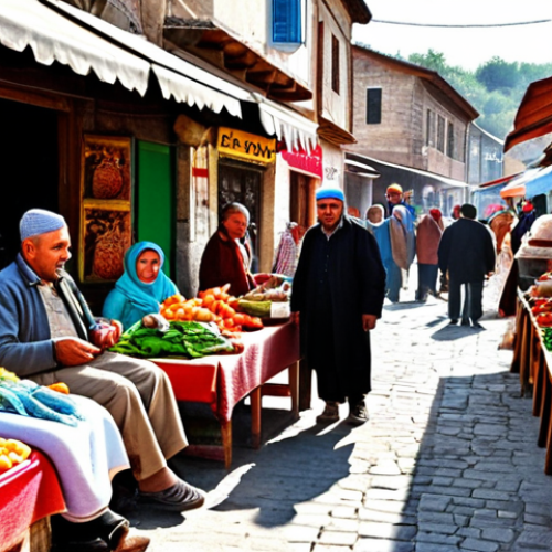 Home 11 ** A bustling village market scene in Turkey, showcasing locals bartering and exchanging goods like produce, handicrafts, and services. Emphasize the community feel and vibrant colors. Include elements suggesting sustainability and local pride.
**