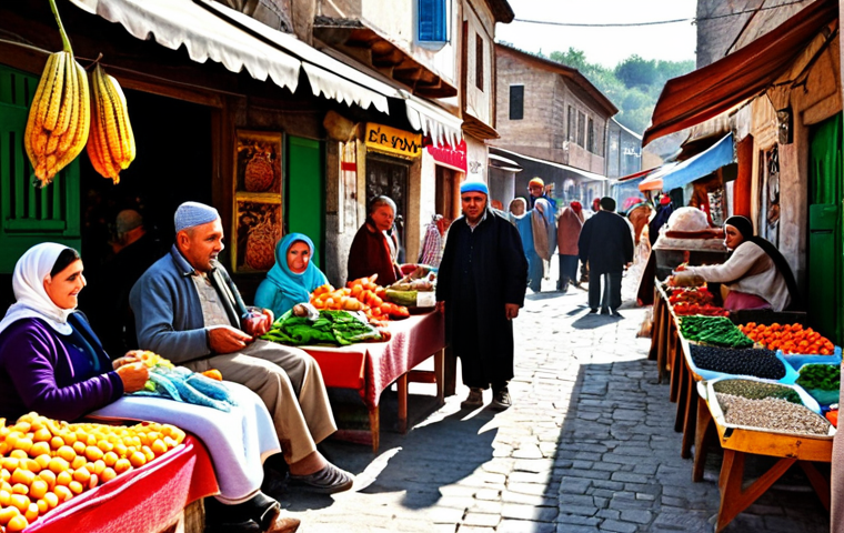 ** A bustling village market scene in Turkey, showcasing locals bartering and exchanging goods like produce, handicrafts, and services. Emphasize the community feel and vibrant colors. Include elements suggesting sustainability and local pride.
**