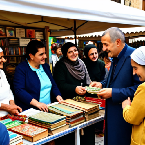 Home 17 **Prompt 1: Community Exchange and Sharing**
A diverse group of adults and families, fully clothed in modest, everyday attire, interacting joyfully at a vibrant local community market in a Turkish city. Stalls display fresh, locally sourced produce and handcrafted items. People are exchanging books at a "sharing library" stand, and another person is receiving a repaired tool from a community member. Bright daylight, warm colors, authentic Turkish architecture in the background. Professional photography, high-quality, sharp focus, perfect anatomy, natural pose, correct proportions, well-formed hands, proper finger count, natural body proportions. safe for work, appropriate content, fully clothed, modest, family-friendly.