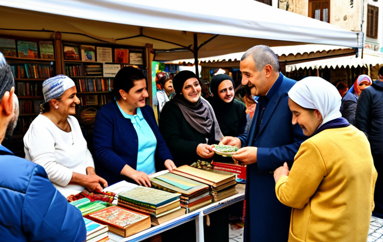 **Prompt 1: Community Exchange and Sharing**
A diverse group of adults and families, fully clothed in modest, everyday attire, interacting joyfully at a vibrant local community market in a Turkish city. Stalls display fresh, locally sourced produce and handcrafted items. People are exchanging books at a "sharing library" stand, and another person is receiving a repaired tool from a community member. Bright daylight, warm colors, authentic Turkish architecture in the background. Professional photography, high-quality, sharp focus, perfect anatomy, natural pose, correct proportions, well-formed hands, proper finger count, natural body proportions. safe for work, appropriate content, fully clothed, modest, family-friendly.
