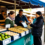 A diverse group of individuals, fully clothed in modern, modest attire, engaging in a vibrant, sunlit community market. One person thoughtfully examines an artisanal product while another uses a tablet to process a transaction. A small, handwritten note is visible on a counter next to a beautifully packaged item. The atmosphere is bustling with friendly interactions, blending digital convenience with warm human connection. The background shows blurred stalls with sustainable, locally sourced goods. Perfect anatomy, correct proportions, natural poses, well-formed hands, proper finger count, professional photography, high quality, safe for work, appropriate content, family-friendly, modest clothing.