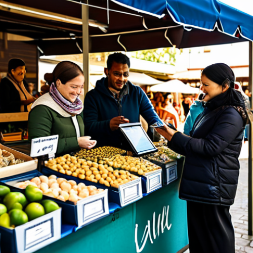 Home 8 A diverse group of individuals, fully clothed in modern, modest attire, engaging in a vibrant, sunlit community market. One person thoughtfully examines an artisanal product while another uses a tablet to process a transaction. A small, handwritten note is visible on a counter next to a beautifully packaged item. The atmosphere is bustling with friendly interactions, blending digital convenience with warm human connection. The background shows blurred stalls with sustainable, locally sourced goods. Perfect anatomy, correct proportions, natural poses, well-formed hands, proper finger count, professional photography, high quality, safe for work, appropriate content, family-friendly, modest clothing.