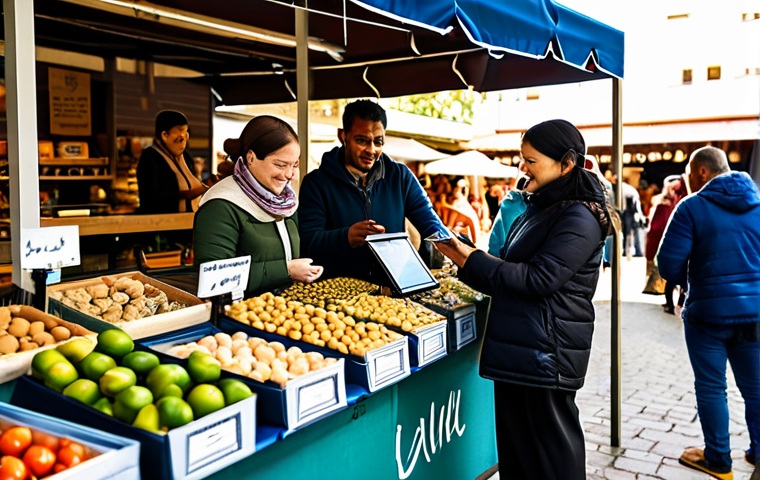 A diverse group of individuals, fully clothed in modern, modest attire, engaging in a vibrant, sunlit community market. One person thoughtfully examines an artisanal product while another uses a tablet to process a transaction. A small, handwritten note is visible on a counter next to a beautifully packaged item. The atmosphere is bustling with friendly interactions, blending digital convenience with warm human connection. The background shows blurred stalls with sustainable, locally sourced goods. Perfect anatomy, correct proportions, natural poses, well-formed hands, proper finger count, professional photography, high quality, safe for work, appropriate content, family-friendly, modest clothing.